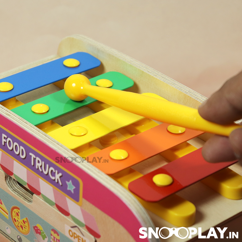 Colorful Wooden Food Truck Toy (with wooden blocks and xylophone)