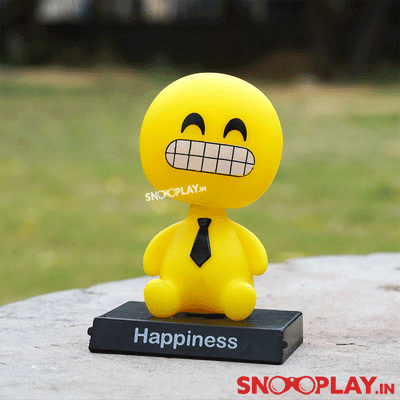 Grinning face emoji bobblehead with a cute little tie and a grinning face with smiling eyes.