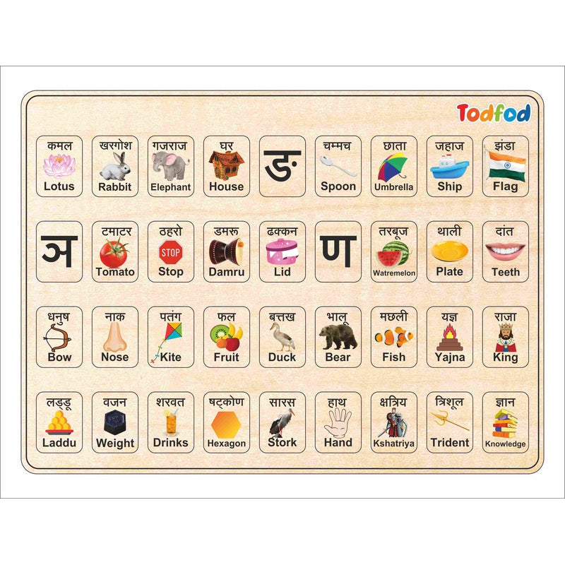 Wooden Hindi Alphabets Puzzle Toy for Kids & Children, Hindi Consonants with Knob, Multicolor Pictures, Educational and Learning Boards