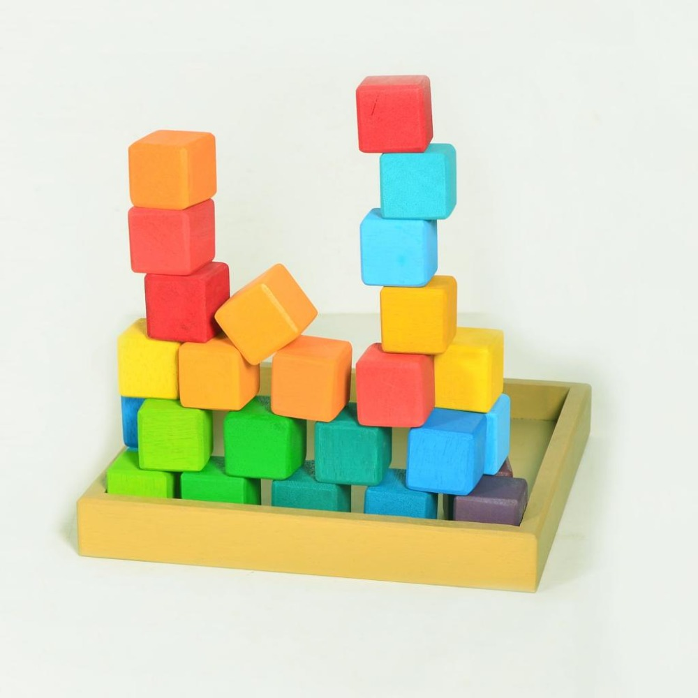 Rainbow Wooden Cube Building Blocks - 36 Squares