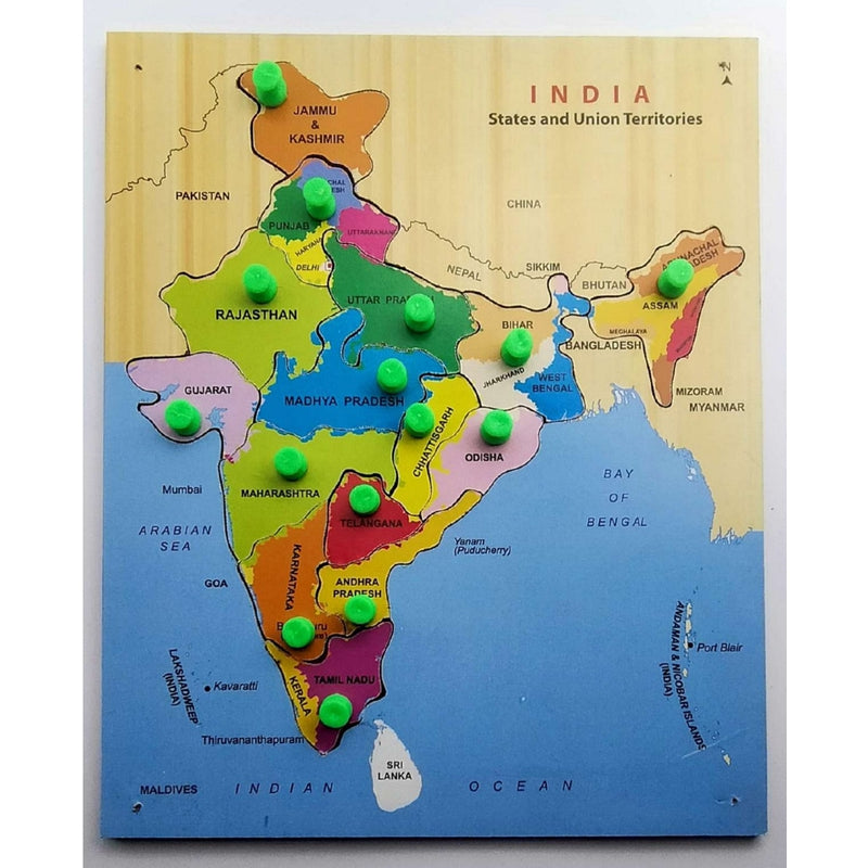 Wooden Jigsaw Puzzles Toy Early Learning Shapes for Above 3 Years Kids Toddlers Multicolor India Map Design Educational Games