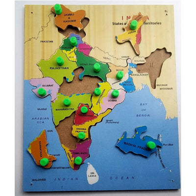 Wooden Jigsaw Puzzles Toy Early Learning Shapes for Above 3 Years Kids Toddlers Multicolor India Map Design Educational Games