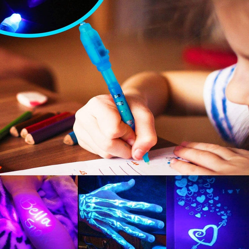 Set of 4 Unique Invisible Ink Magic Pen with UV-Light Spy Detective Digital Pen for Write Secret Messages