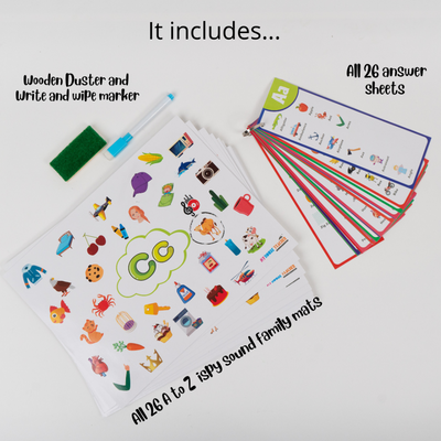 Alphabet Sounds A to Z 26 Reusable  I-spy Mats set - great for Reading, Phonics and Beginning Sounds Recognition