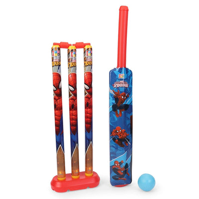 Unbreakable Plastic Cricket Set 4 Wicket, Stump 2 Base, 1 Ball & 1 Bat Playing Kit Game-Spider Man