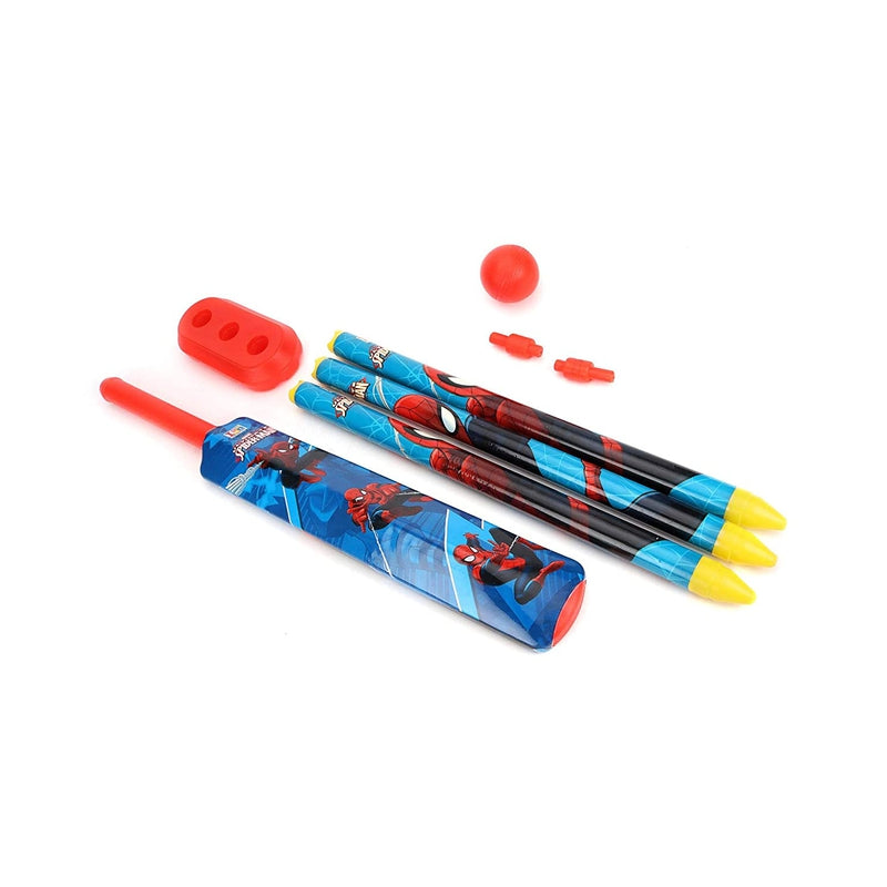 Unbreakable Plastic Cricket Set 4 Wicket, Stump 2 Base, 1 Ball & 1 Bat Playing Kit Game-Spider Man