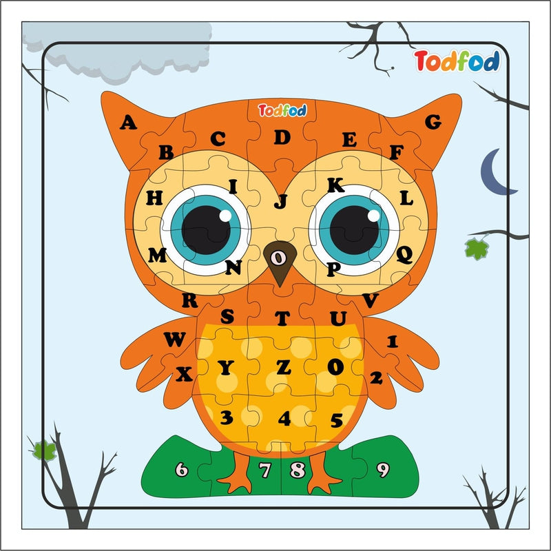 Shaped Wooden Jigsaw Puzzle Toy for Kids & Children, Bird Owl English Alphabet & Learning - Multicolour 36 pcs