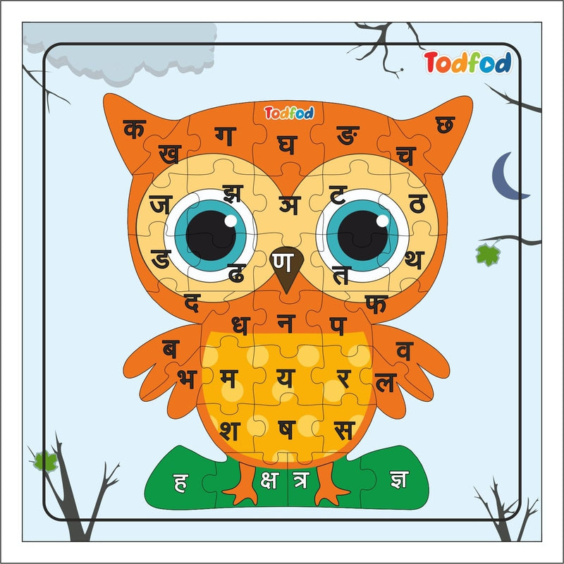 Shaped Wooden Jigsaw Puzzle Toy for Kids & Children, Bird Owl Hindi Consonants Or Alphabet & Learning - Multicolour 36 pcs