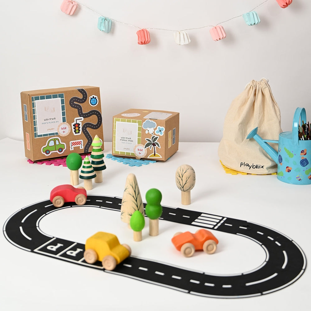 Wild Track -Wooden Playset Inclued Tracks, Trees and Cars - Wooden Toy, Tropical Set :- 12 Tracks, 7 Tropical Trees and 3 Cars, Wild Track Wooden Playset for Toddlers