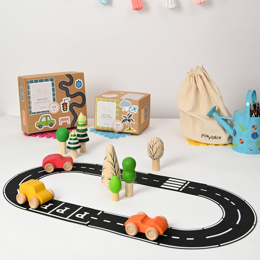 Wild Track -Wooden Playset Inclued Tracks, Trees and Cars - Wooden Toy, Tropical Set :- 12 Tracks, 7 Tropical Trees and 3 Cars, Wild Track Wooden Playset for Toddlers