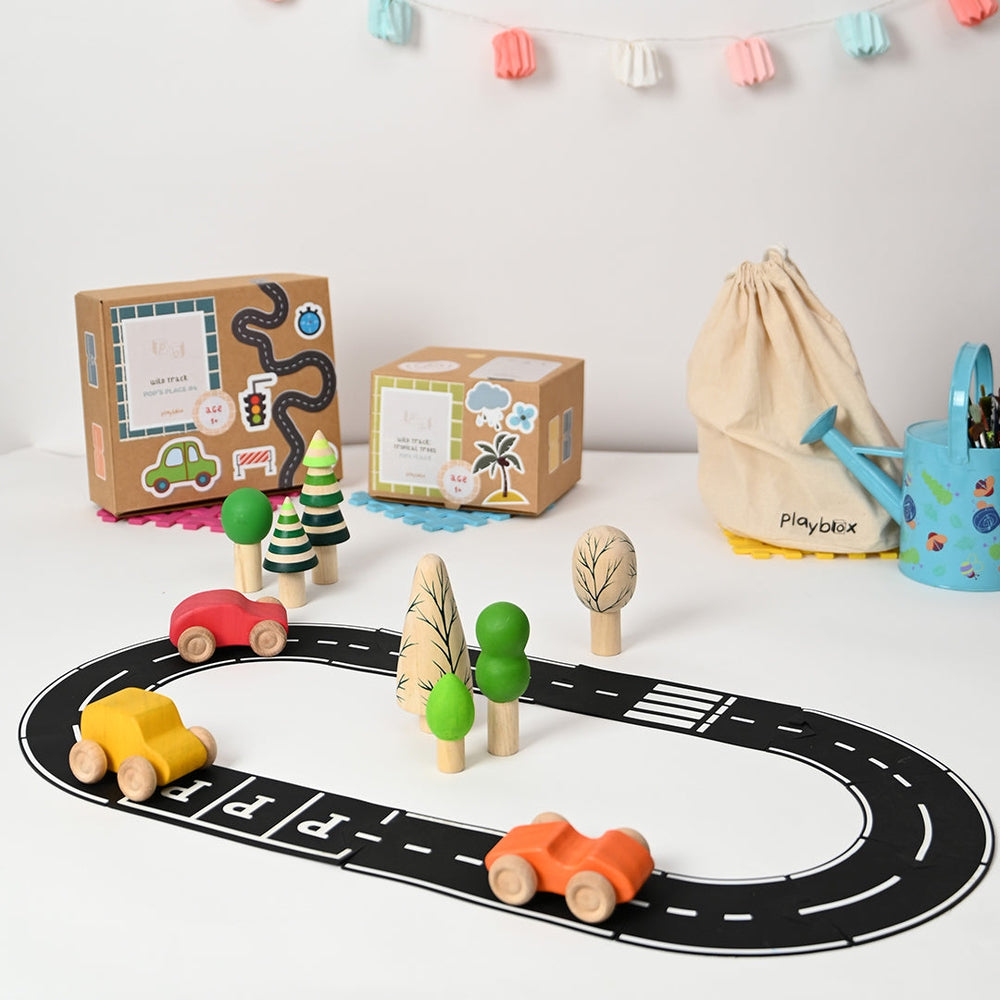 Wild Track -Wooden Playset Inclued Tracks, Trees and Cars - Wooden Toy, Tropical Set :- 12 Tracks, 7 Tropical Trees and 3 Cars, Wild Track Wooden Playset for Toddlers