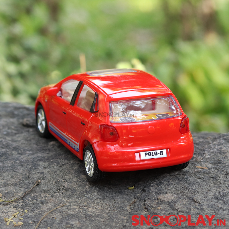 Back view of the Polo Car, red in colour, with plastic body.