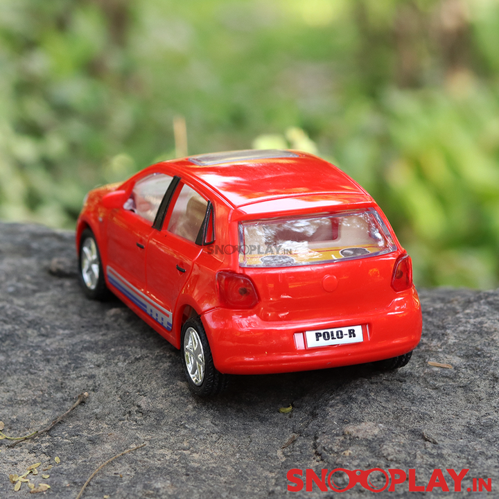 Back view of the Polo Car, red in colour, with plastic body.