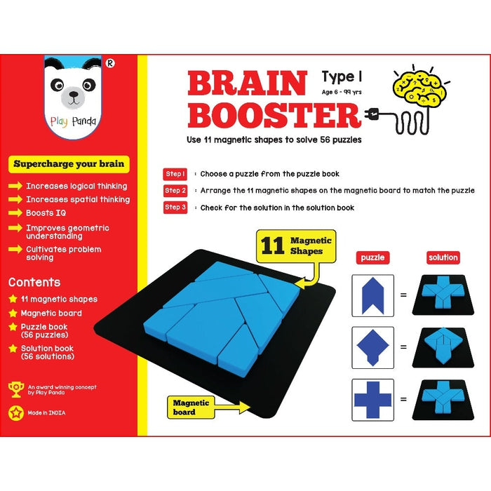 Brain Booster Type 1 (Senior) - 56 puzzles designed to boost intelligence - with Magnetic shapes, Magnetic Board, Puzzle Book and Solution Book