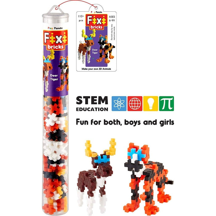 Fixi Bricks Jungle Tube 3 - Tiger and Deer - With 110 pcs, Detailed Assembly Instructions and Storage Tube - Small Parts (Age 6-99 years)