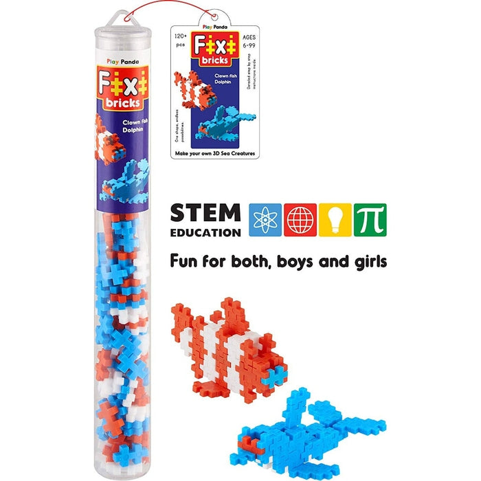 Fixi Bricks Aqua Tube 1 - Dolphin and Clown fish - With 120 pcs, Detailed Assembly Instructions and Storage Tube - Small Parts (Age 6-99 yrs)