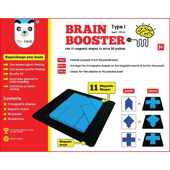 Brain Booster Type 1 (junior) - 56 puzzles designed to boost intelligence - with Magnetic Shapes, Magnetic Board, Puzzle Book and Solution Book