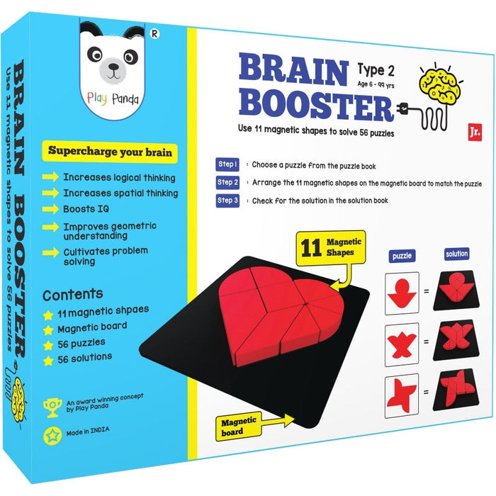Brain Booster Type 2 (junior) - 56 puzzles designed to boost intelligence - with Magnetic Shapes, Magnetic Board, Puzzle Book and Solution Book