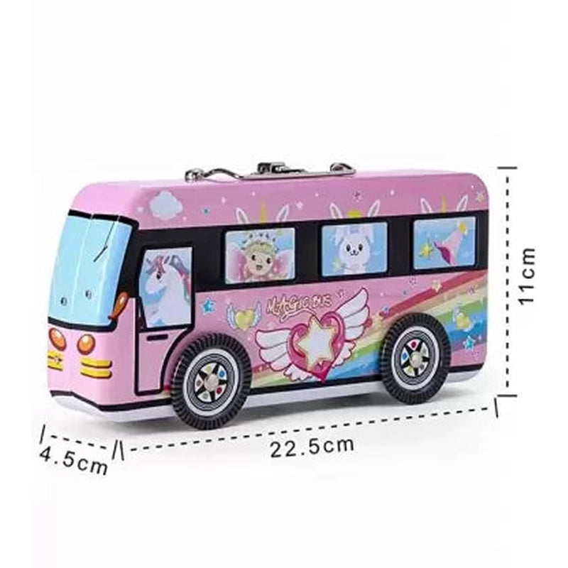 Travel Bus Shape Metal Pencil Box with Moving Tyres (Pink)