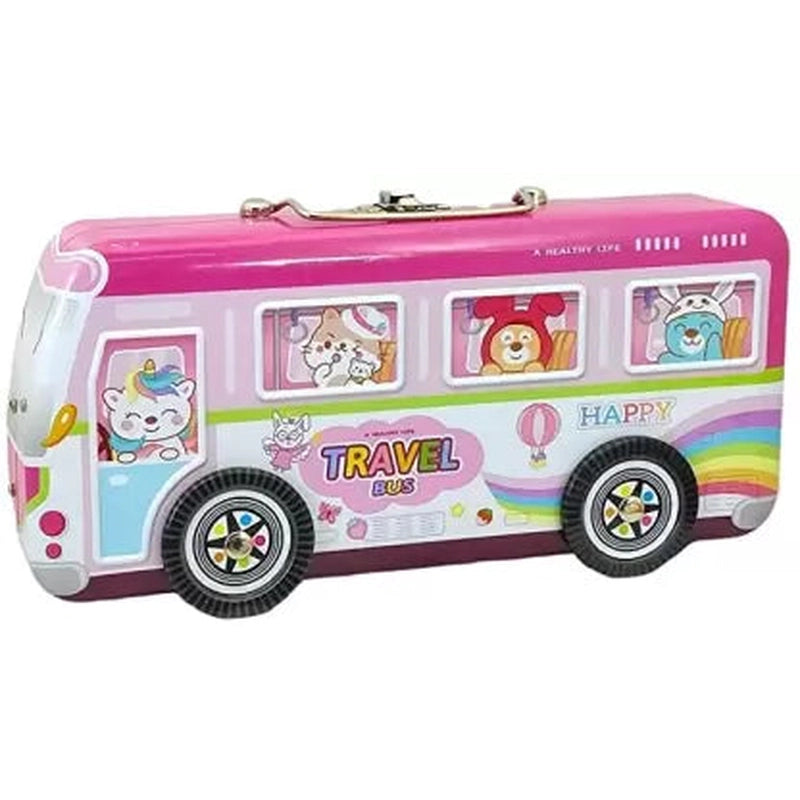 Travel Bus Shape Metal Pencil Box with Moving Tyres (Pink)