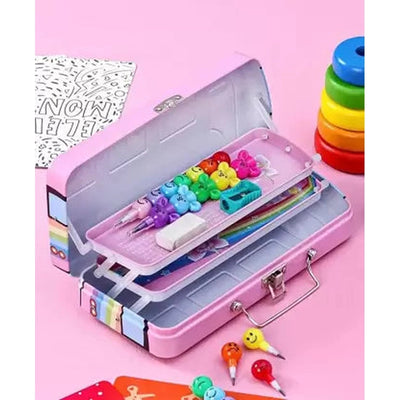 Travel Bus Shape Metal Pencil Box with Moving Tyres (Pink)