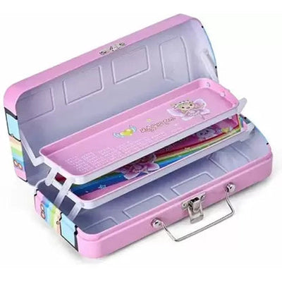 Travel Bus Shape Metal Pencil Box with Moving Tyres (Pink)