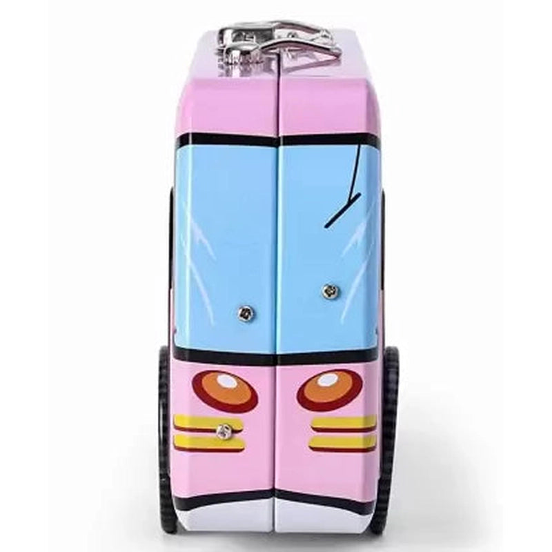 Travel Bus Shape Metal Pencil Box with Moving Tyres (Pink)