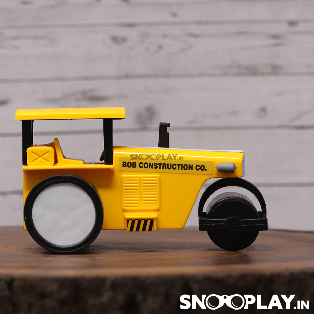Road roller toy that is yellow in colour, with a pull back feature and is quite fascinating for kids to watch.