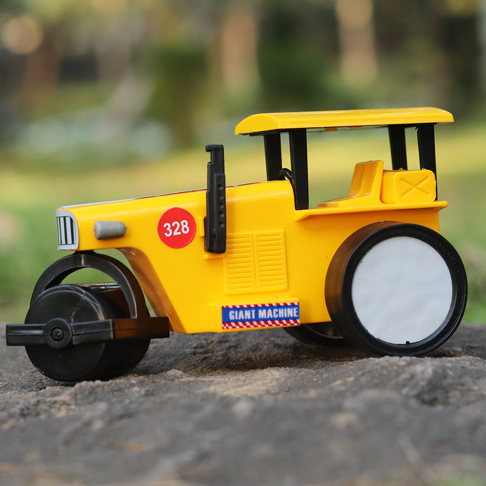 The right view of the yellow coloured road roller toy truck with fine details and a pull back feature.
