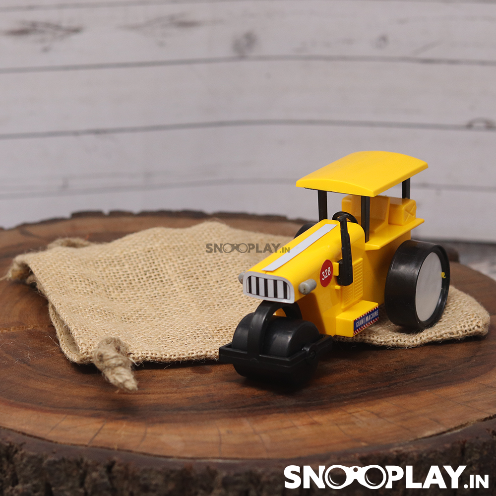 The yellow coloured road roller toy truck that comes with a jute pouch and a pull back feature.