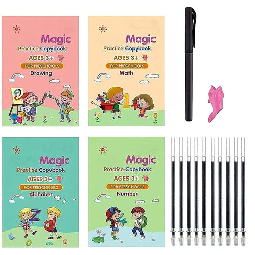 Muren Magic 4 Reusable Writing Practice Book with 10 Premium Magic Ink Refills, 1 Pen & 1 Grip (2-5 Years)