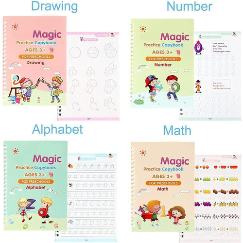 Muren Magic 4 Reusable Writing Practice Book with 10 Premium Magic Ink Refills, 1 Pen & 1 Grip (2-5 Years)