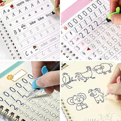 Magic 4 Reusable Writing Practice Book Drawing, Math, Alphabet, Number, Handwriting Practice for Children With Free 10 Premium Magic Ink Refills, 1 Pen and 1 Grip