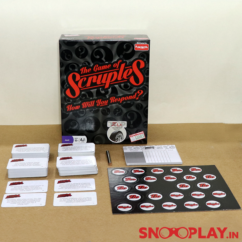 Scruples adult party game that challenges your moral compass as to how to react to sticky situations and provocative predicaments.