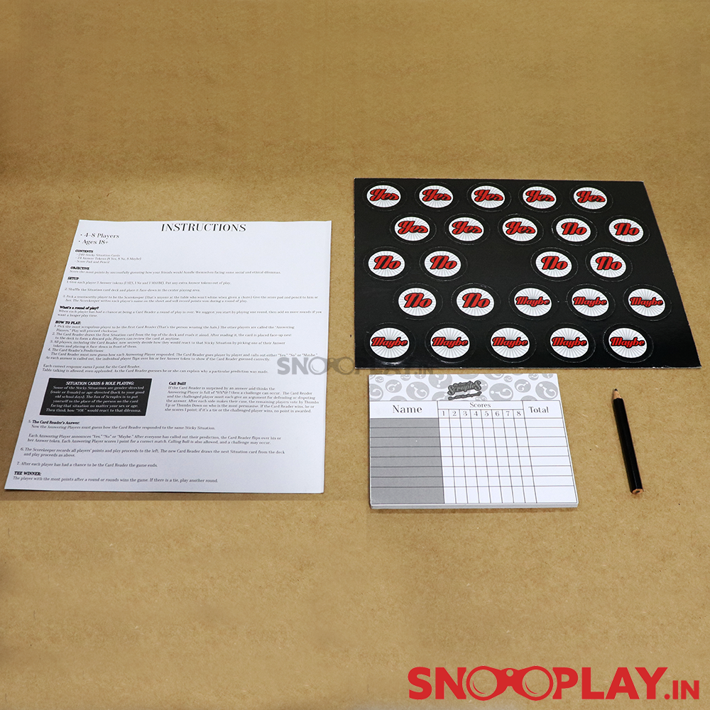 The scruples adult party game that comes with 24 answer tokens along with an instruction sheet.