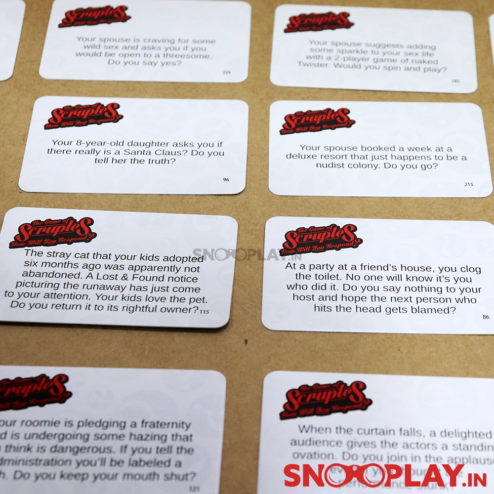 The scruples adult party game that contains 240 sticky situation cards, each card having a different situation.