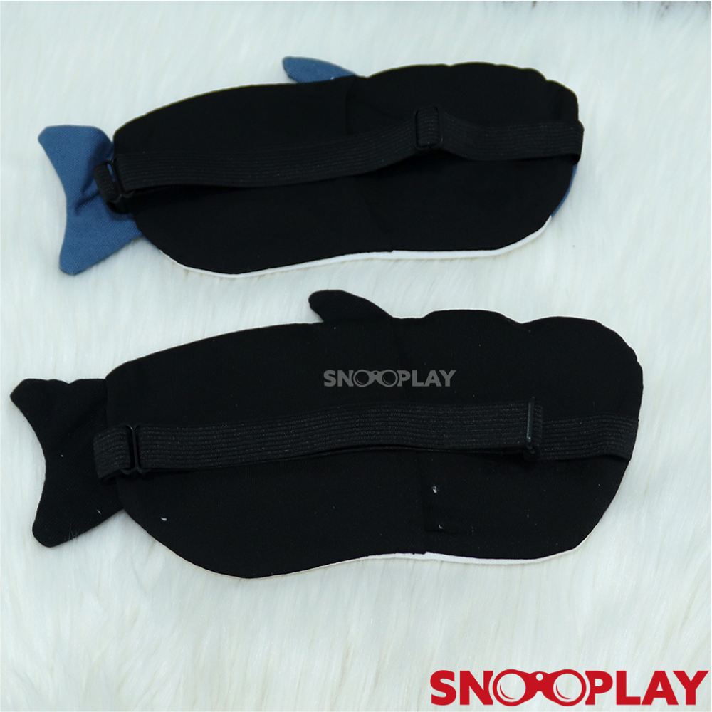 The back side of the 3D shark eye mask that has an adjustable back strap and removable gel pads.