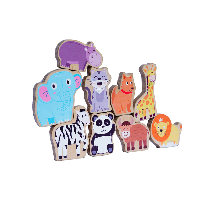 Animal Theme Birch Wood Stacking Toy Set of 9