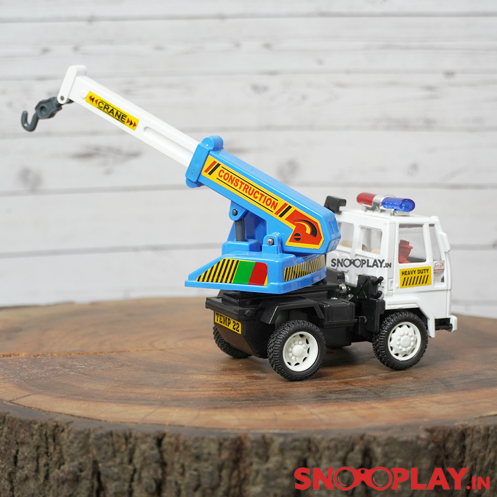 The back side of the crane toy truck made of sturdy plastic, perfect for toddlers.
