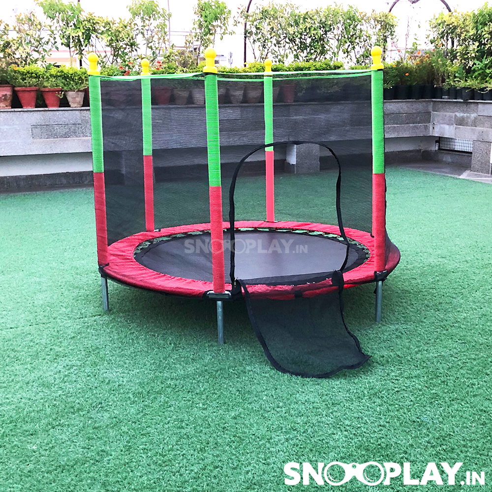 Trampoline for kids that comes with safety net that is stitched with a zipped door and you can easily find space for it.