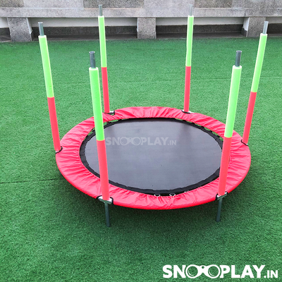 The strong trampoline for kids that that comes with safety net and long sturdy rods to hold up the safety net.