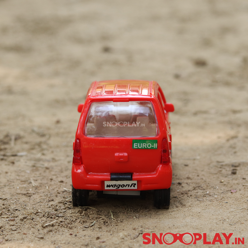 Back view of the Wagon R toy car , red in colour, with a pull back feature.