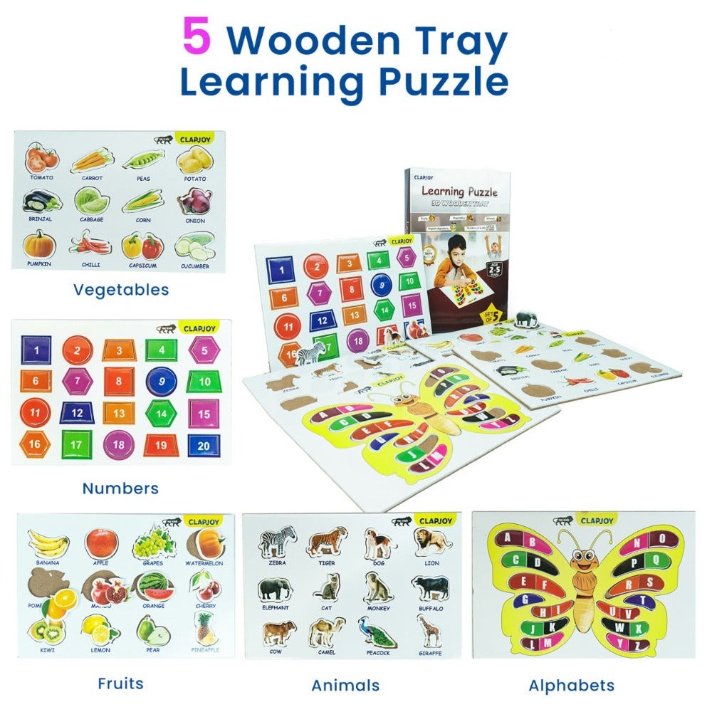 3D Wooden Educational Trays - Set of 5 (Fruits, Vegetables , Alphabets , Numbers and Shape , Animals)