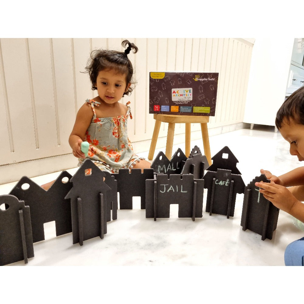 Active Architect City Scape (Chalkboard City Building Toy) - 24 Interlocking Wooden Pieces