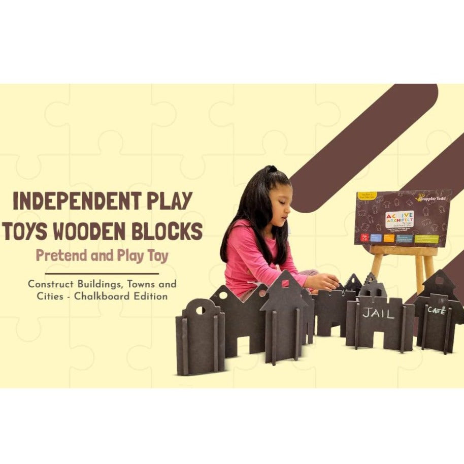 Active Architect City Scape (Chalkboard City Building Toy) - 24 Interlocking Wooden Pieces